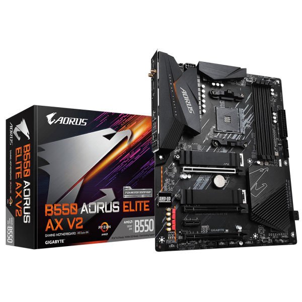 GIGABYTE B550 AORUS ELITE AX V2 4xDDR4 DP/HDMI 2xM.2 AM4 ANAKART, Dual PCIe 4.0/3.0 x4 M.2 with Dual Thermal Guards, Intel® WiFi 6 802.11ax, 2.5GbE LAN, Front USB Type-C™, RGB FUSION 2.0, Q-Flash Plus