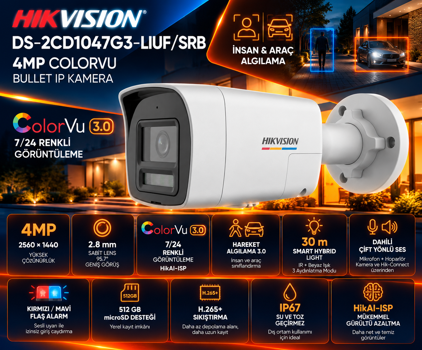 HIKVISION DS-2CD1047G3-LIUF/SRB 4MP 2.8mm ColorVu 3.0 Bullet IP Kamera