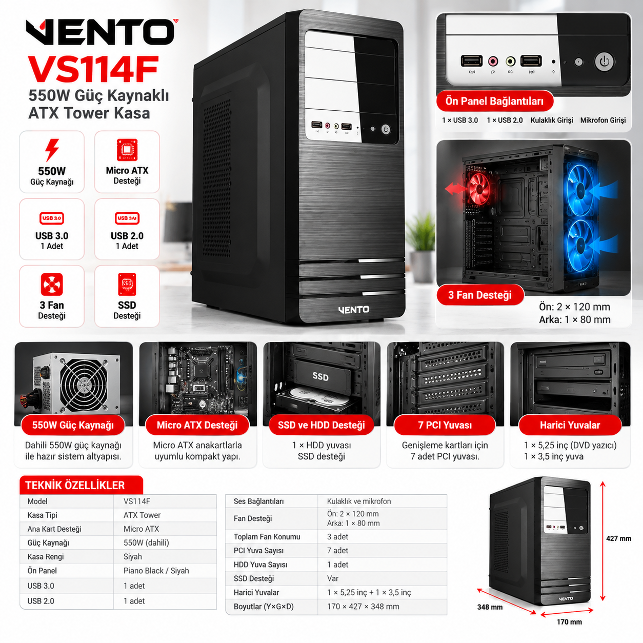 VENTO VS114F 550W siyah kasa fiyat