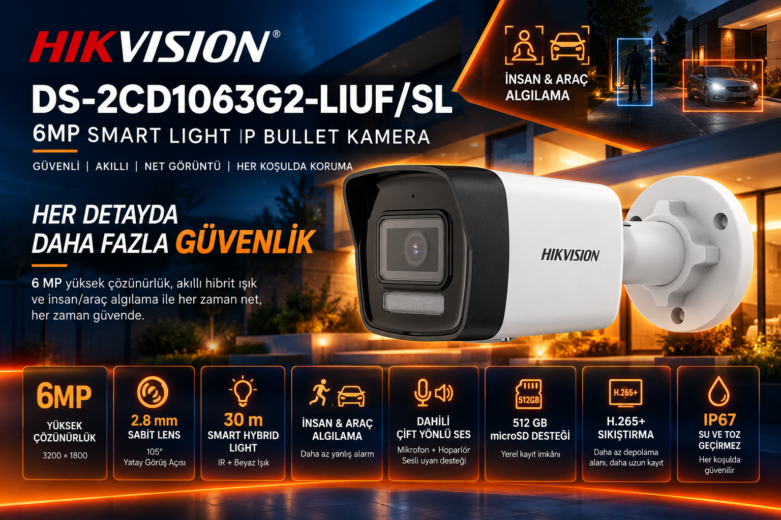 HIKVISION DS-2CD1063G2-LIUF/SL 6MP 2.8mm Smart Hybrid Light Bullet IP Kamera