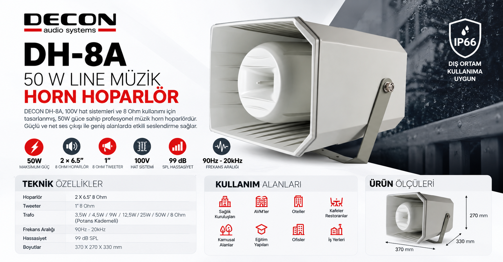 DECON DH-8A 50W LİNE MÜZİK HORN HOPARLÖR