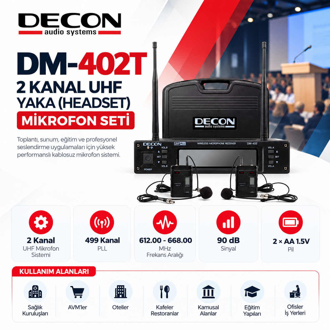 DECON DM-402T 1 RECEIVER + 2 LAVALİER(YAKA) MİKROFON SETİ