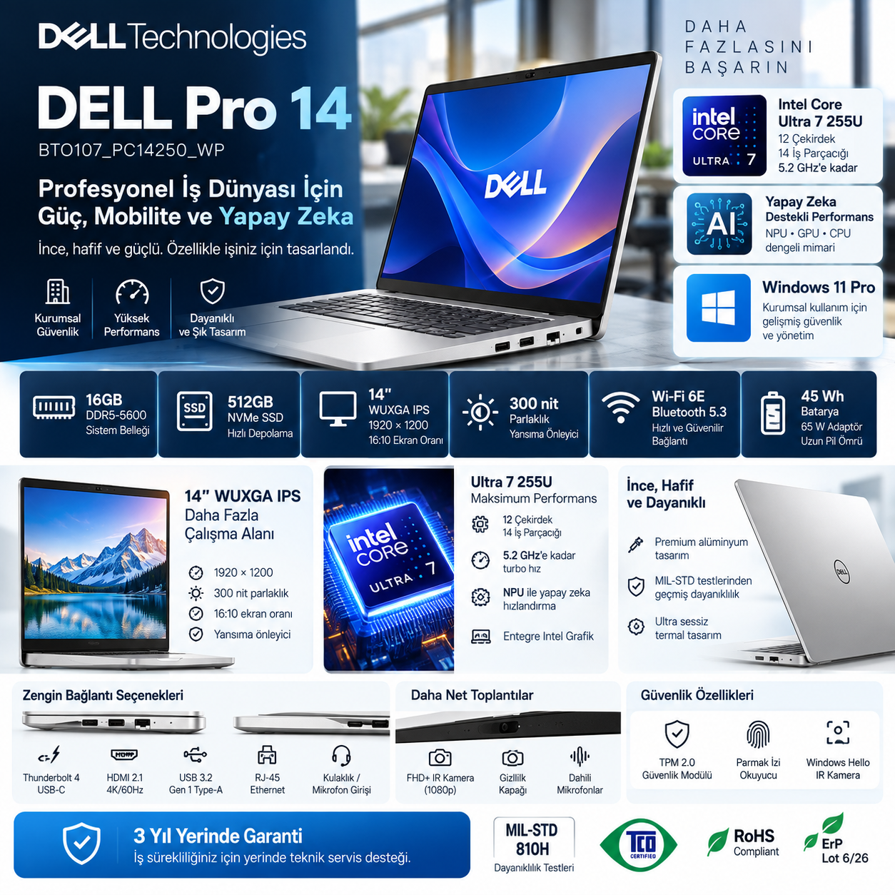 DELL PRO 14 BTO107_PC14250_WP ULTRA 7 fiyat