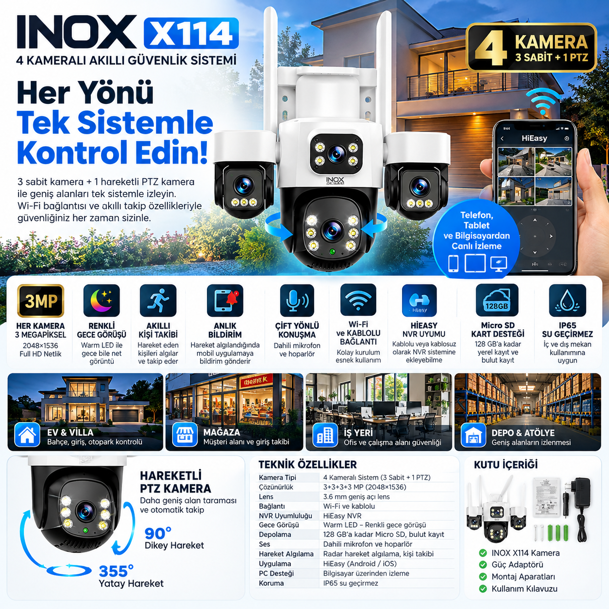 INOX X114 3MP 4 Kameralı Wi-Fi Akıllı Güvenlik Kamerası