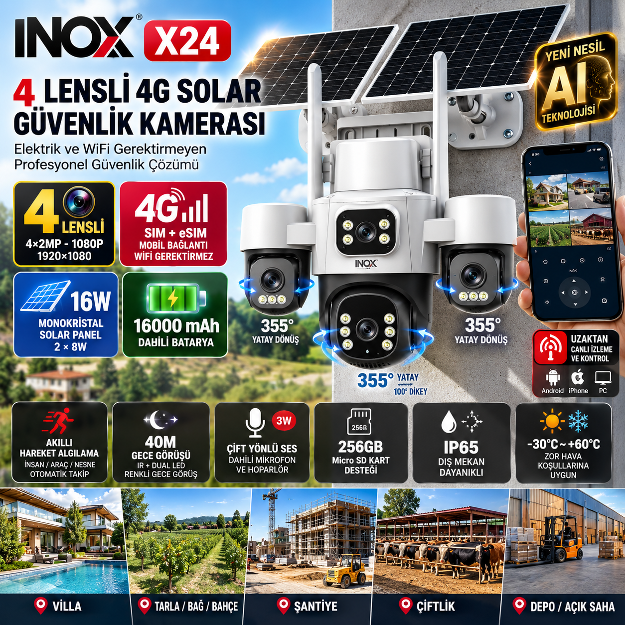 INOX X24 2MP 4 KAMERALI solar kamera fiyat