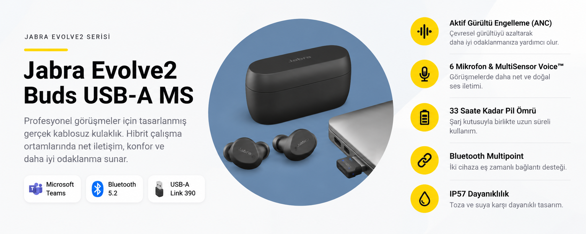 Jabra Evolve2 Buds Usb-A MS kulaklık