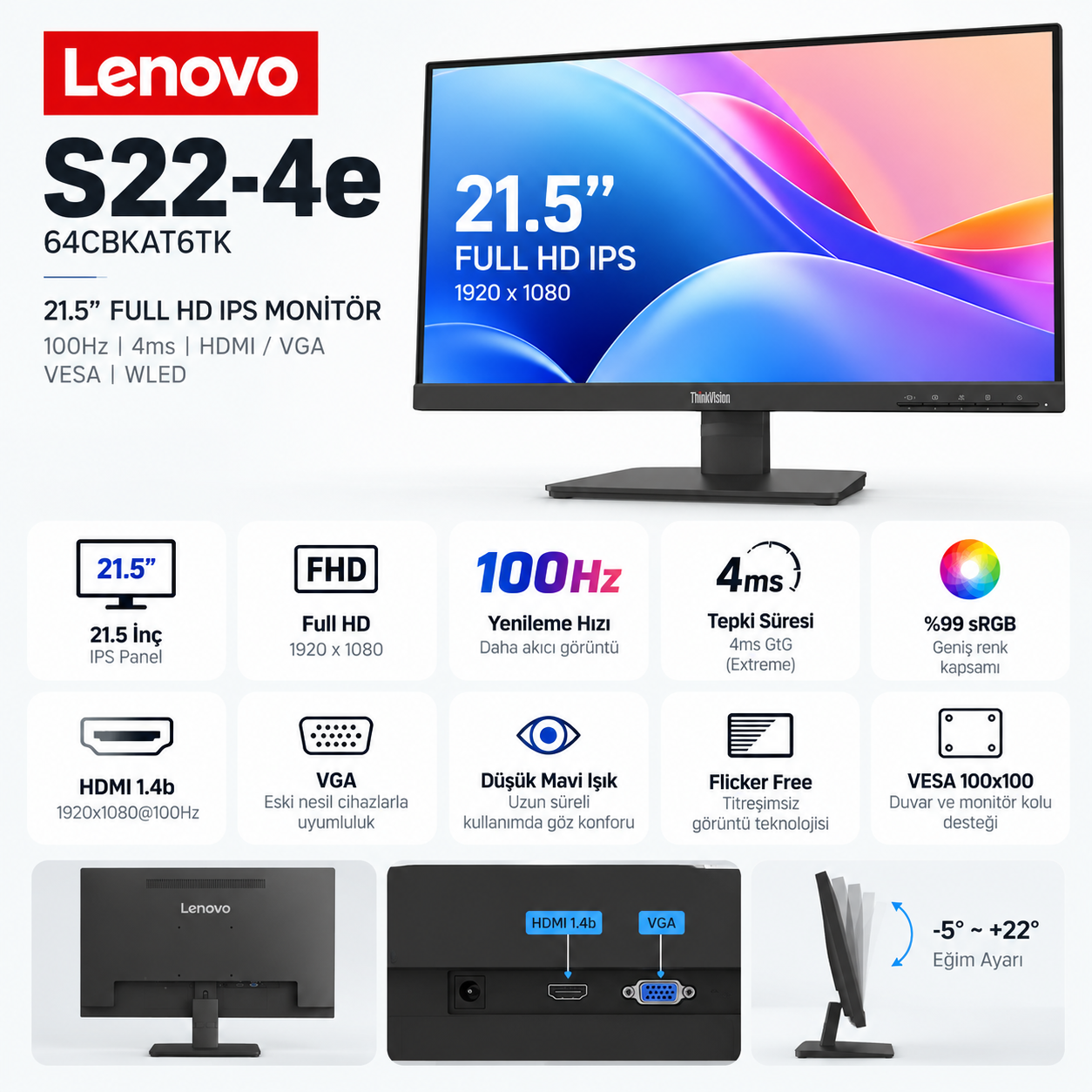 LENOVO S22-4e 64CBKAT6TK monitör fiyat