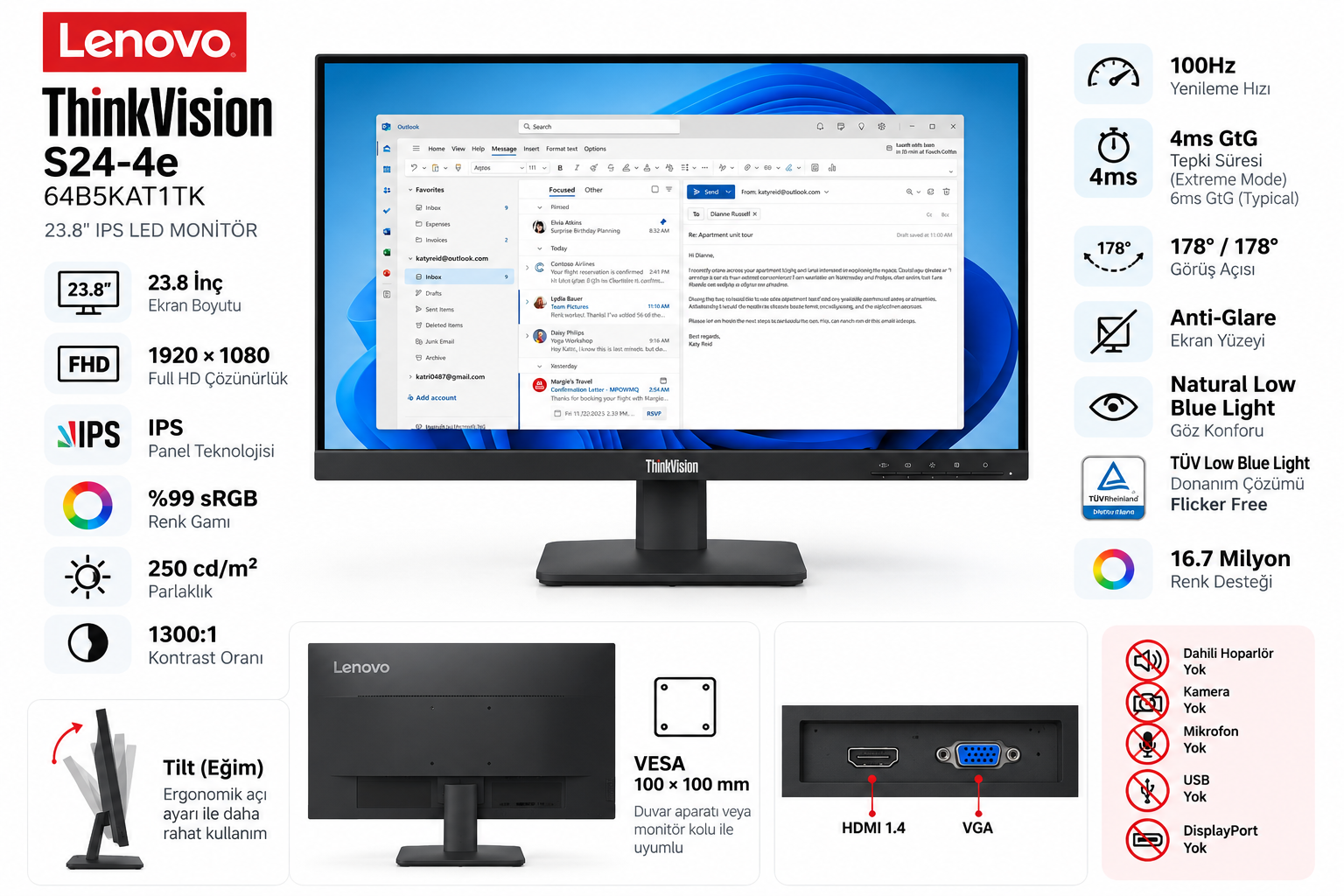 LENOVO S24-4E 64B5KAT1TK monitör fiyat