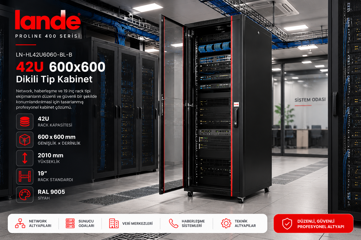Lande Proline 400 Serisi LN-HL42U6060-BL-B 42U 600x600 Dikili Tip
