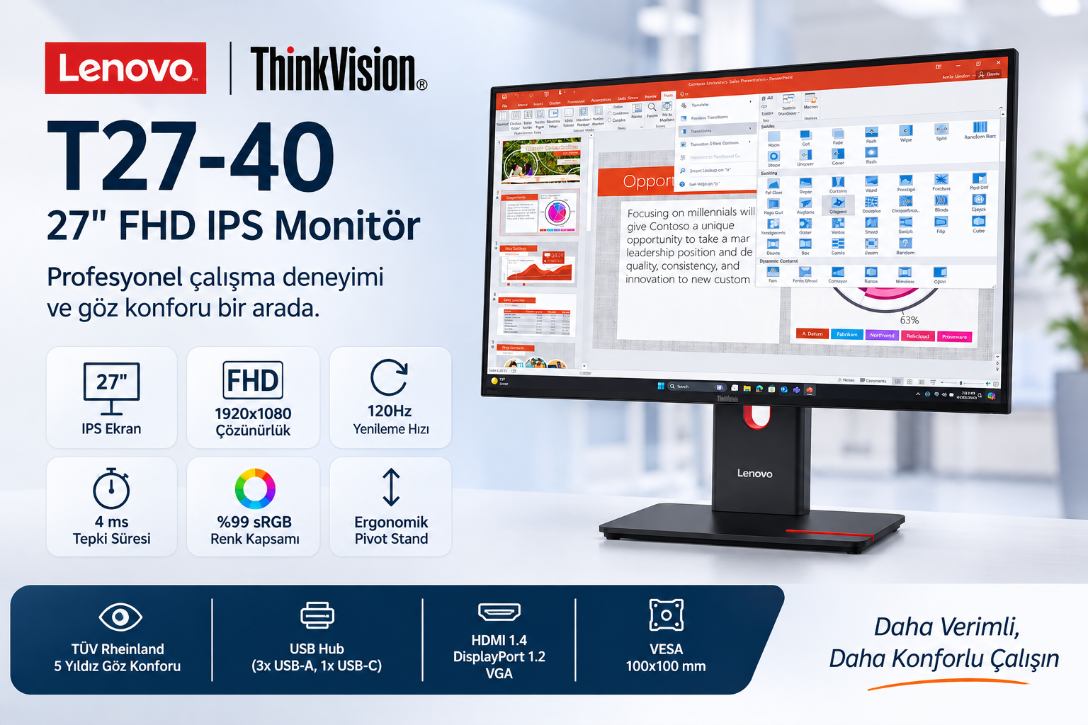 Lenovo ThinkVision T27-40 27 IPS 120Hz Monitör