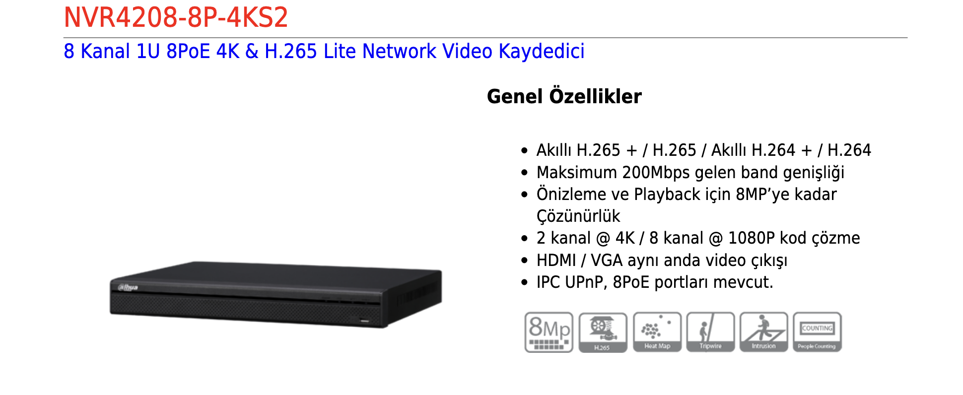 dahua NVR4208-8P-4KS2 nvr fiyatları