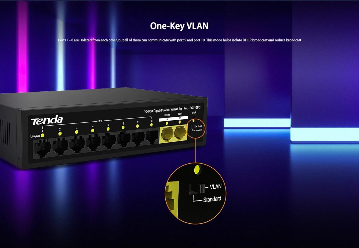 TENDA SG110PC 10 PORT 10/100/1000 8 PORT POE 2 PORT UPLINK 100W