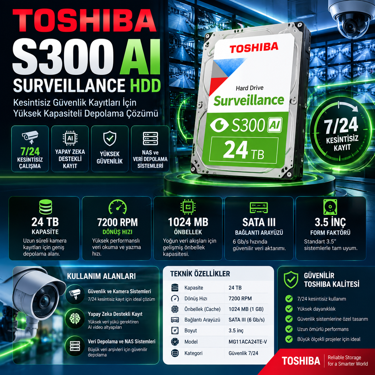TOSHIBA S300 AI 24TB 7200RPM 1024MB SATA3 MG11ACA24TE-V