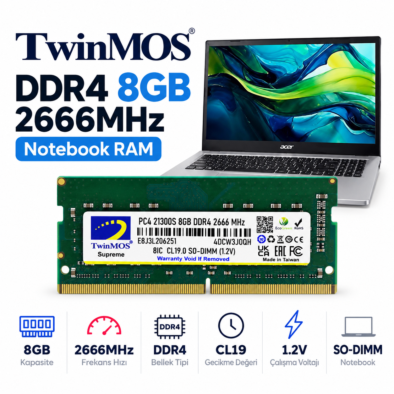 TWINMOS 8GB 2666MHz DDR4 MDD48GB2666N NOTEBOOK RAM