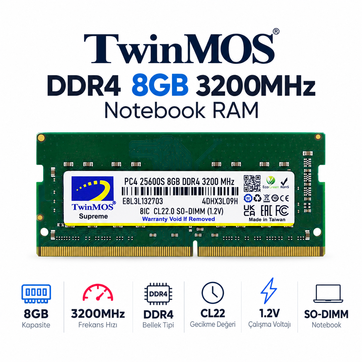 TWINMOS 8GB 3200Mhz DDR4 MDD48GB3200N NOTEBOOK RAM