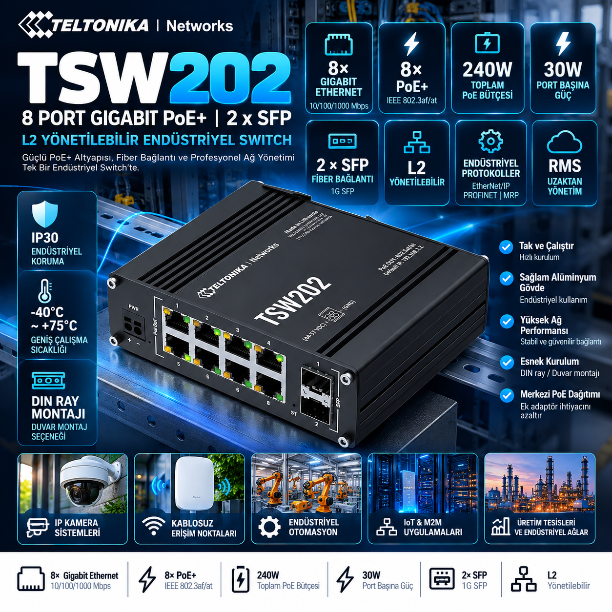 Teltonika TSW202 8 Port Gigabit PoE+ 2 SFP 240W Switch