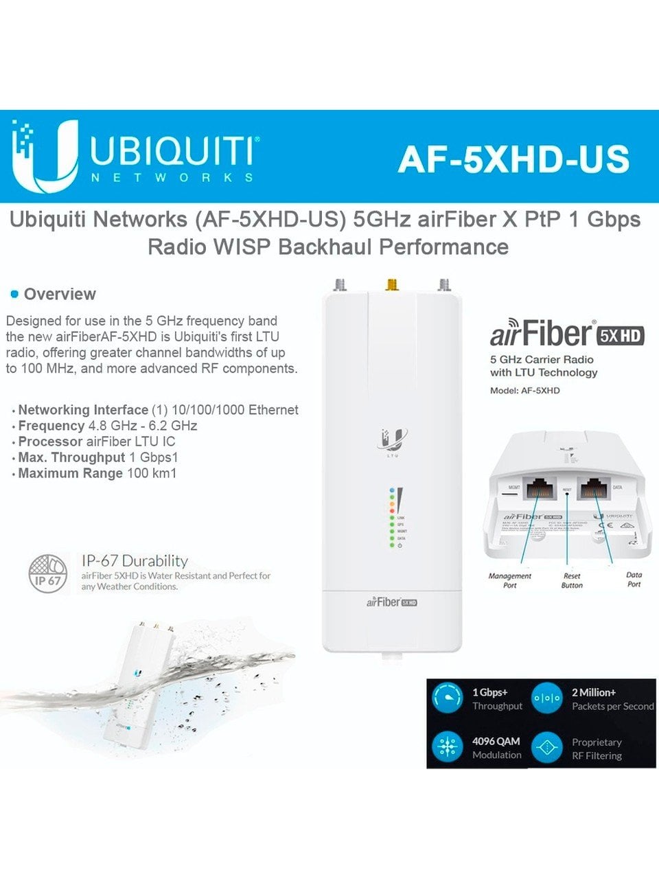 UBNT AIRFIBER AF-5xHD 1000MBPS+ POE 29DBI 5GHz OUTDOOR ACCESS POINT