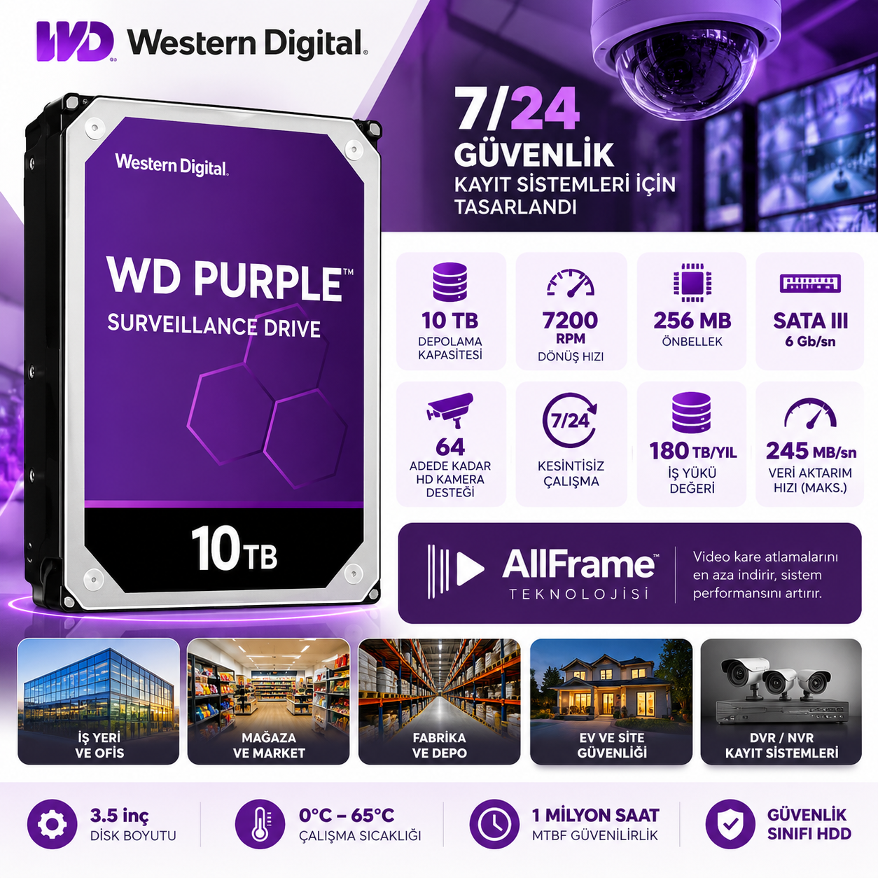 WD PURPLE 10TB 7200RPM 256MB SATA3 6Gbit/sn WD102PURX 7/24 HDD