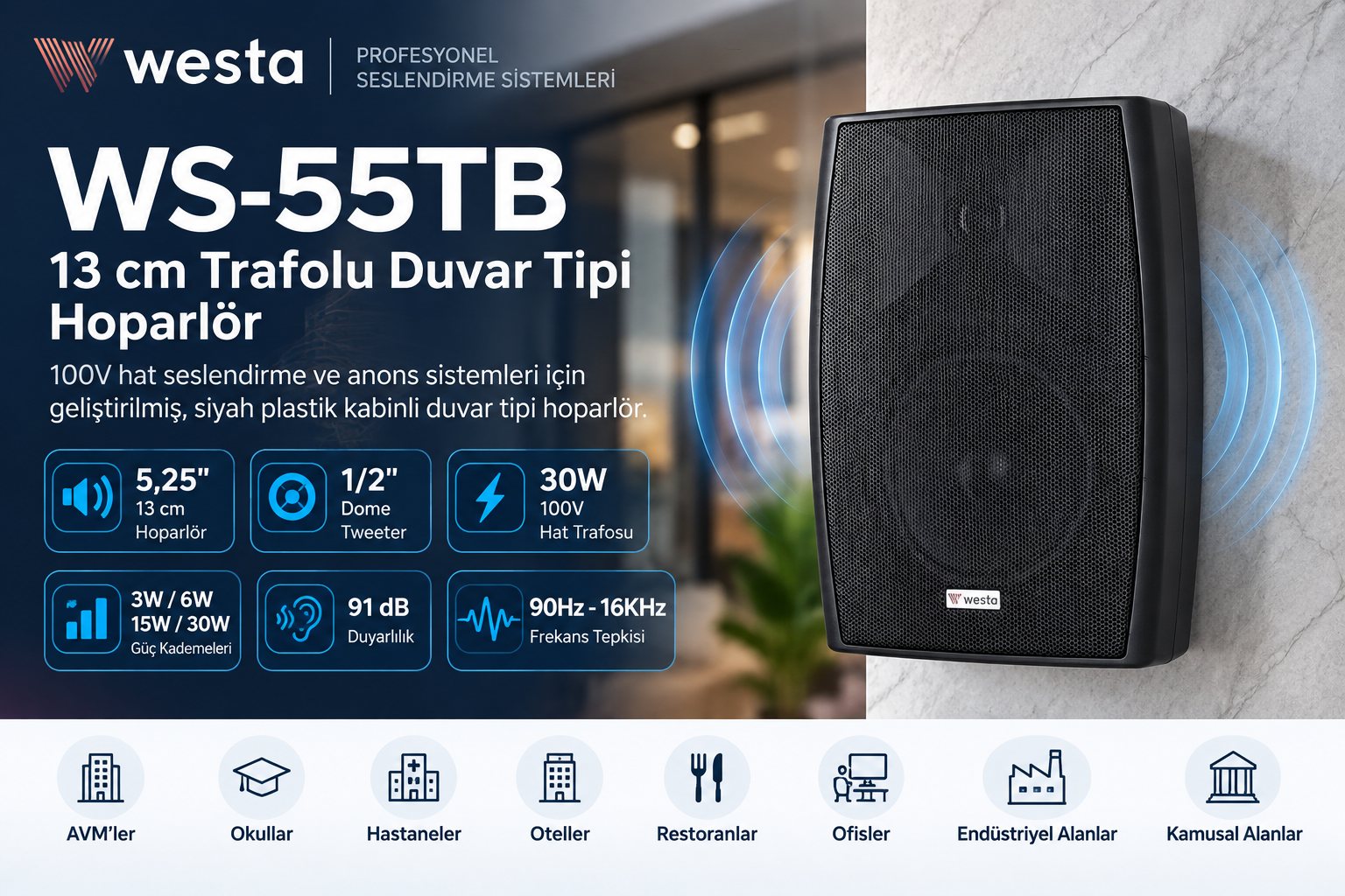 WESTA WS-55TB SİYAH PLASTİK KABİN HOPARLÖR