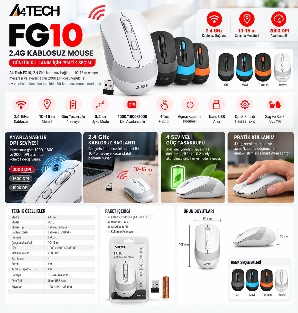 A4 Tech FG10 Kablosuz 2000 DPI USB Beyaz Mouse