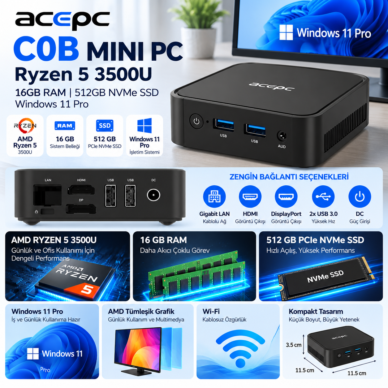 ACEPC C0B Ryzen 5 3500U 16GB RAM 512GB PCIe NVMe SSD Windows 11 Pro Mini PC