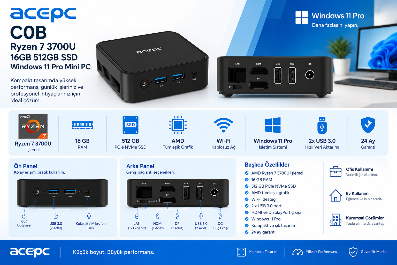 ACEPC C0B Ryzen 7 3700U 16GB RAM 512GB PCIe NVMe SSD Windows 11 Pro Mini PC