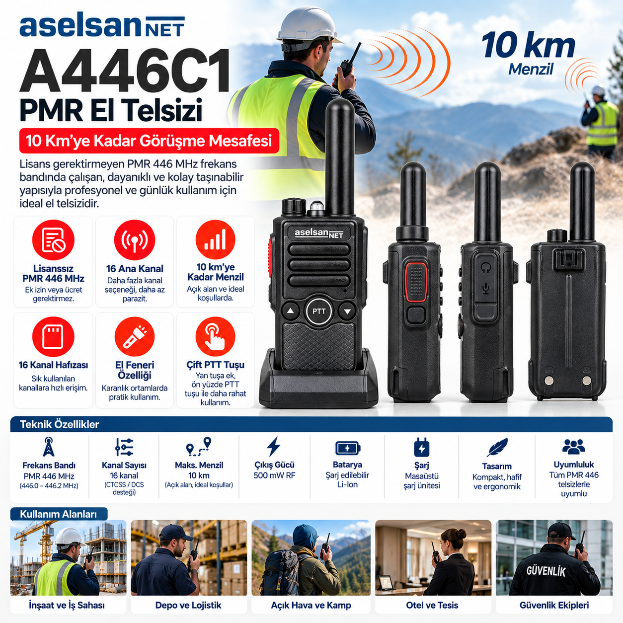Aselsan A446C1 lisanssız PMR 446 MHz 16 kanal 10 km el telsizi