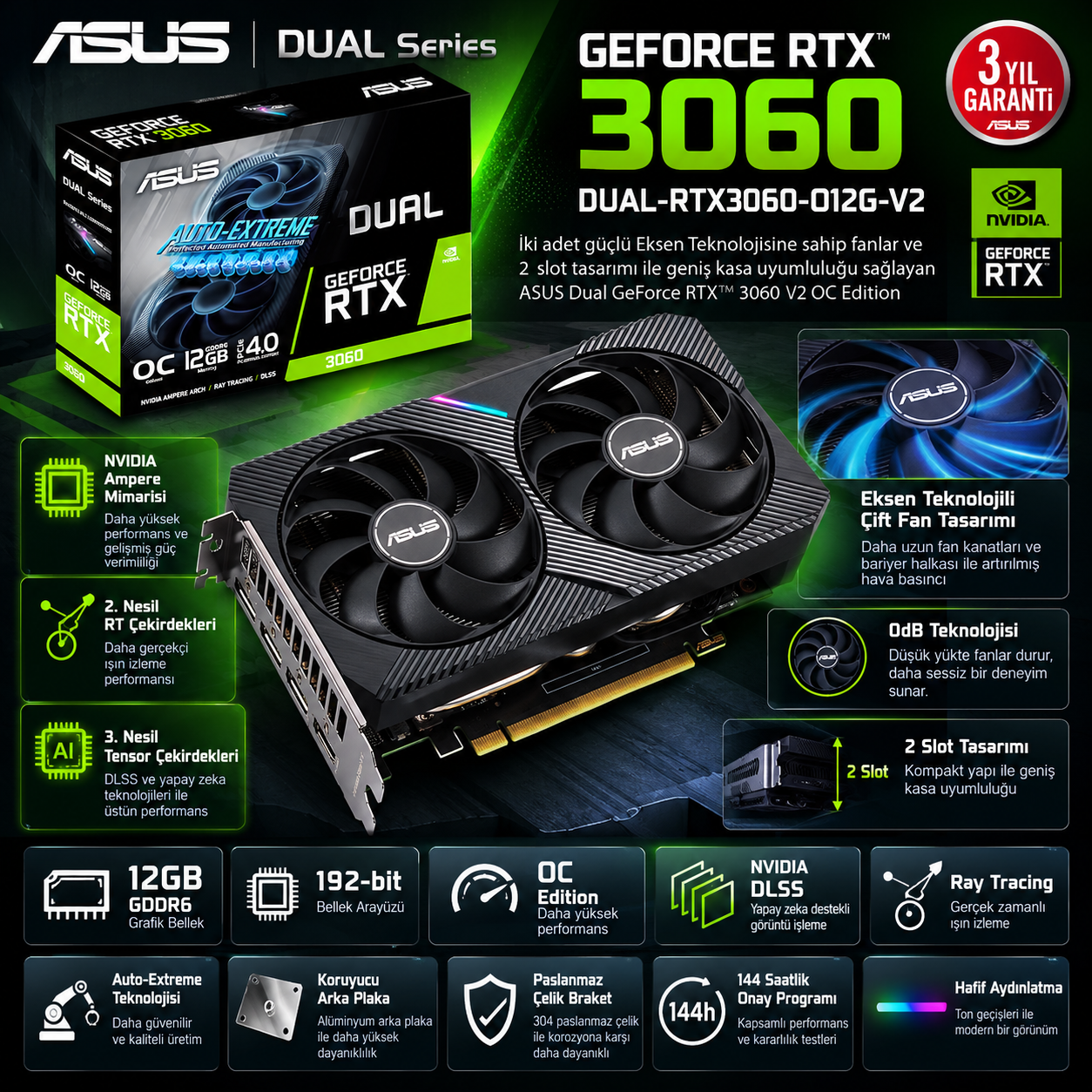 ASUS DUAL-RTX3060-O12G-V2 GeForce RTX 3060 12GB GDDR6 ekran kartı