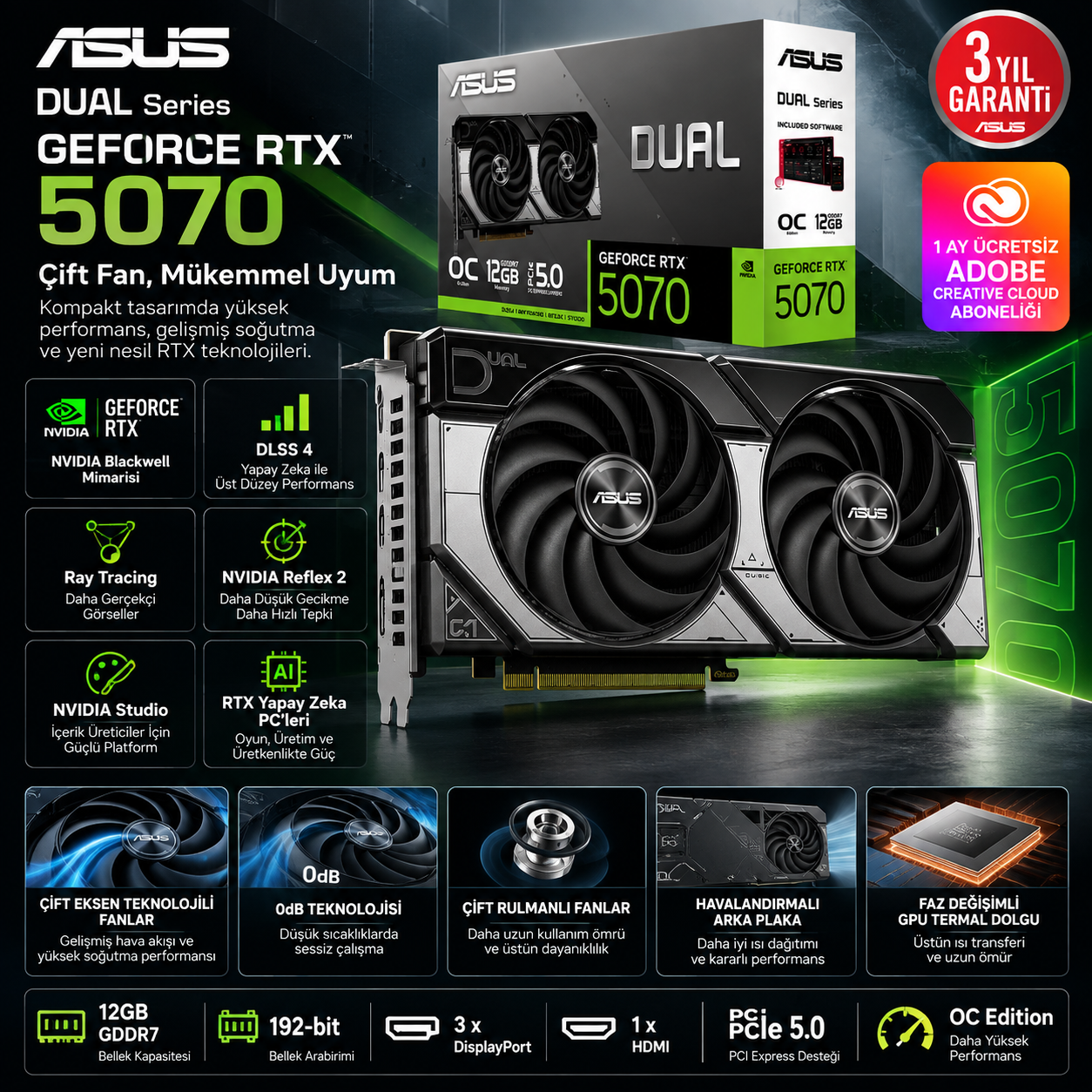 ASUS Dual GeForce RTX 5070 12GB GDDR7 OC Edition DUAL-RTX5070-O12G ekran kartı