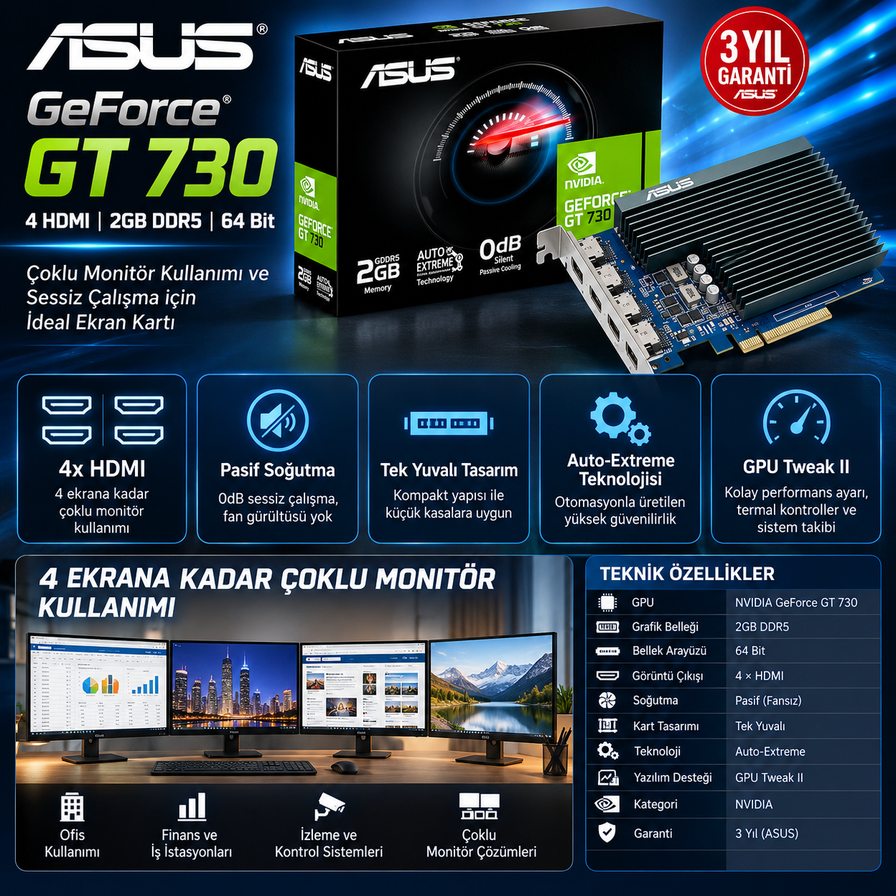 ASUS GeForce GT 730 2GB DDR5 64 Bit 4 HDMI pasif soğutmalı ekran kartı