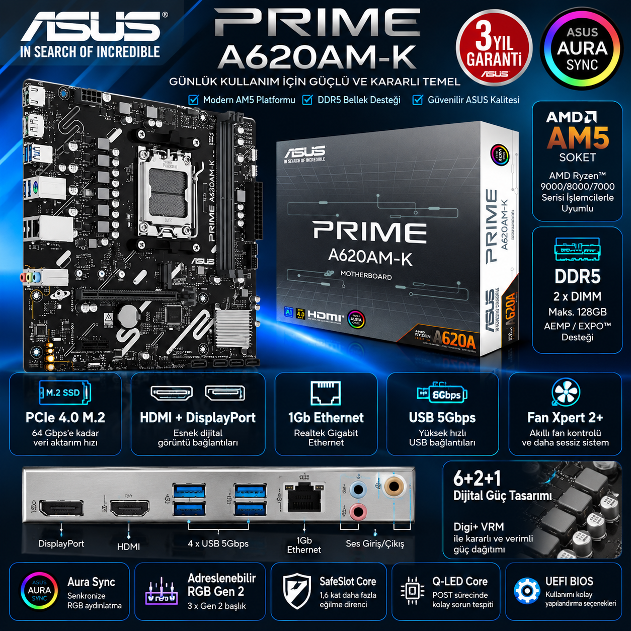 ASUS PRIME A620AM-K 2xDDR5 HDMI DisplayPort M.2 AM5 Anakart