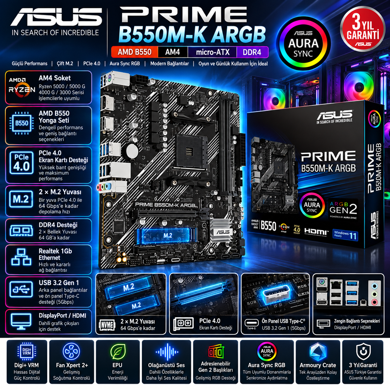 ASUS PRIME B550M-K ARGB AMD B550 AM4 DDR4 micro ATX anakart
