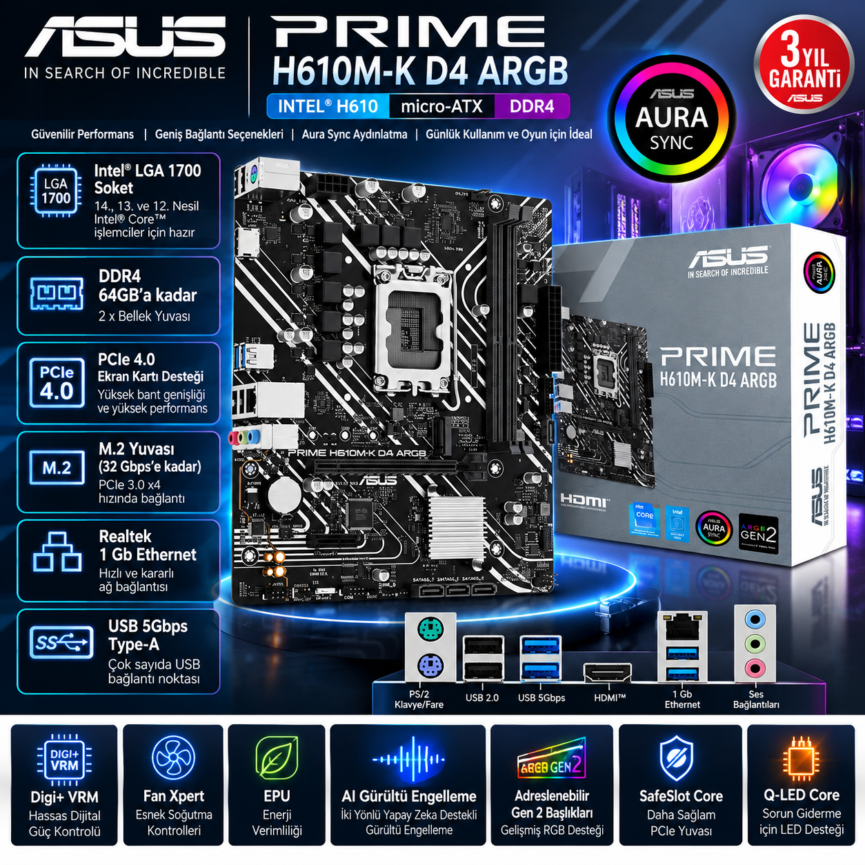 ASUS PRIME H610M-K D4 ARGB DDR4 LGA1700 Intel H610 anakart