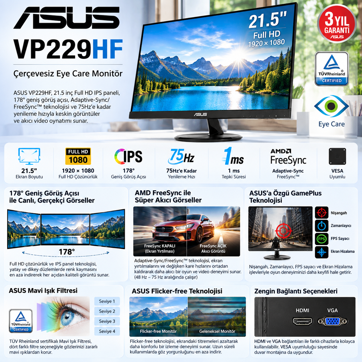 ASUS VP229HF 21.5 inç Full HD IPS Eye Care monitör