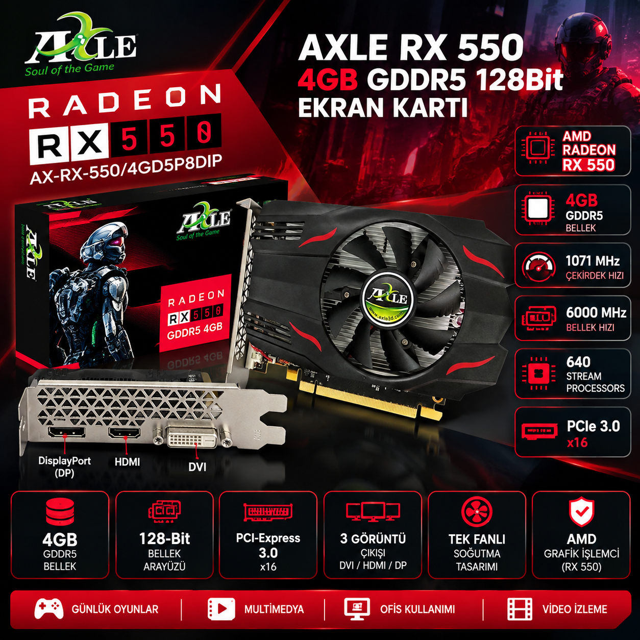 AXLE AX-RX-550/4GD5P8DIP Radeon RX 550 4GB GDDR5 128Bit ekran kartı