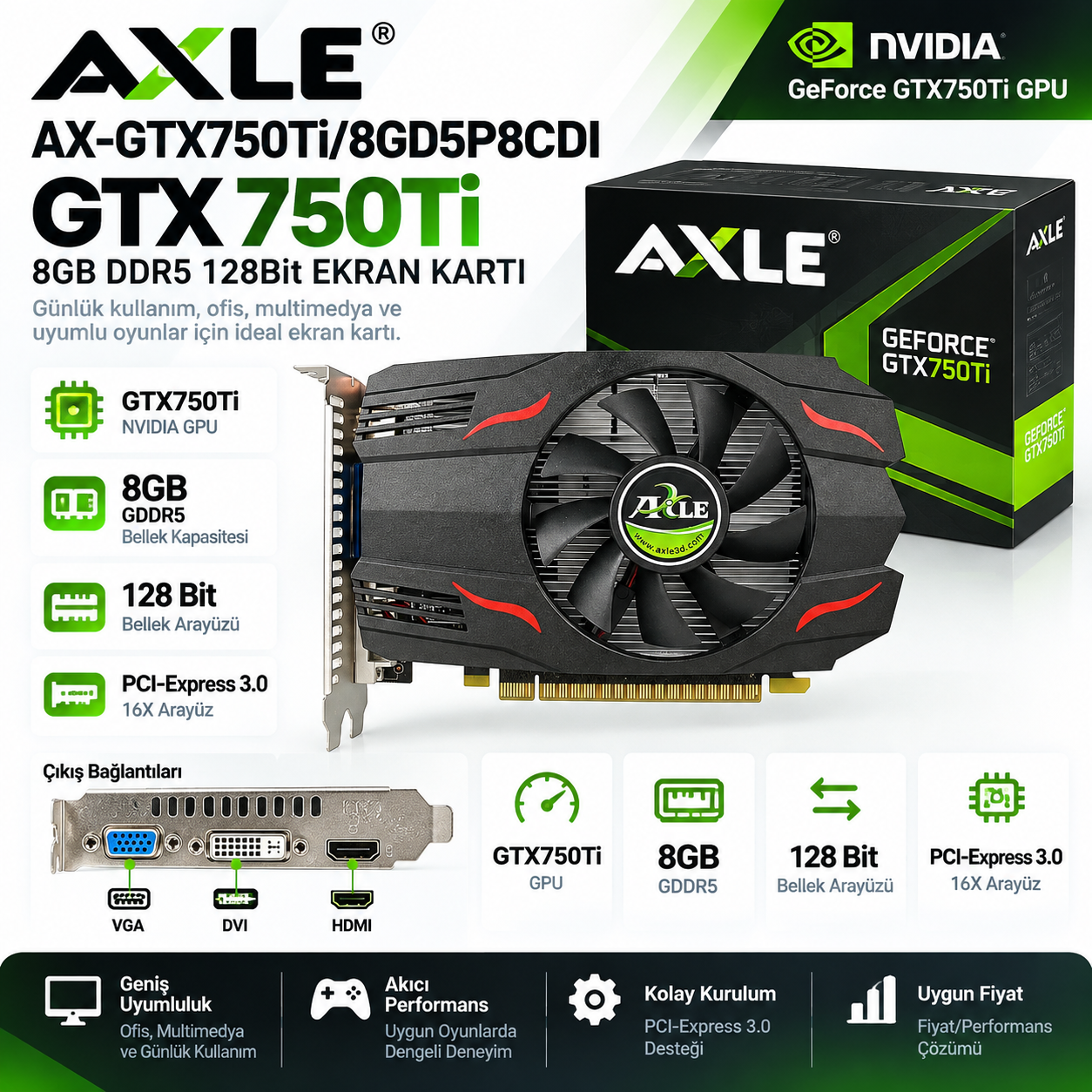 AXLE AX-GTX750Ti 8GB GDDR5 128 Bit VGA DVI HDMI ekran kartı