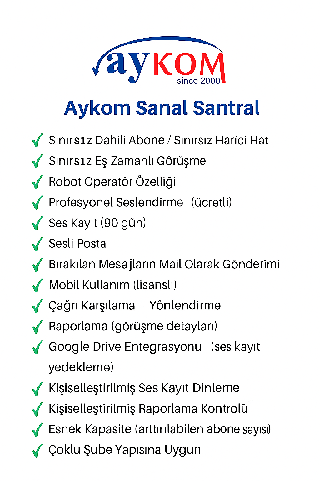aykom sanal santral özellikleri