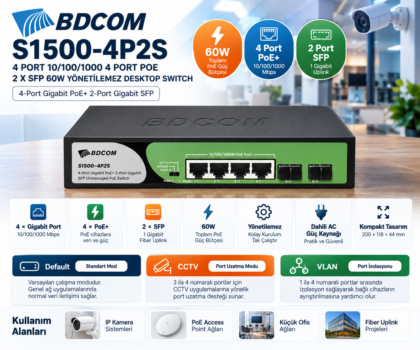 BDCOM S1500-4P2S 4 port Gigabit PoE+ 2 port SFP 60W yönetilemez switch