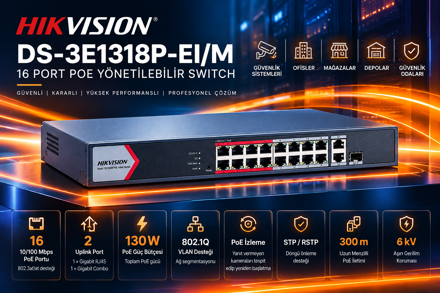 HIKVISION DS-3E1318P-EI/M 16 Port PoE Yönetilebilir Switch