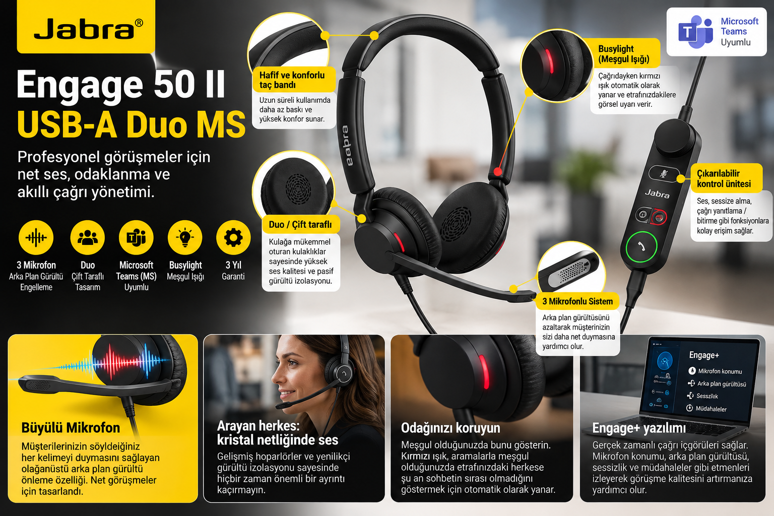 jabra Engage 50 II USB-A Duo MS profesyonel çağrı merkezi kulaklığı