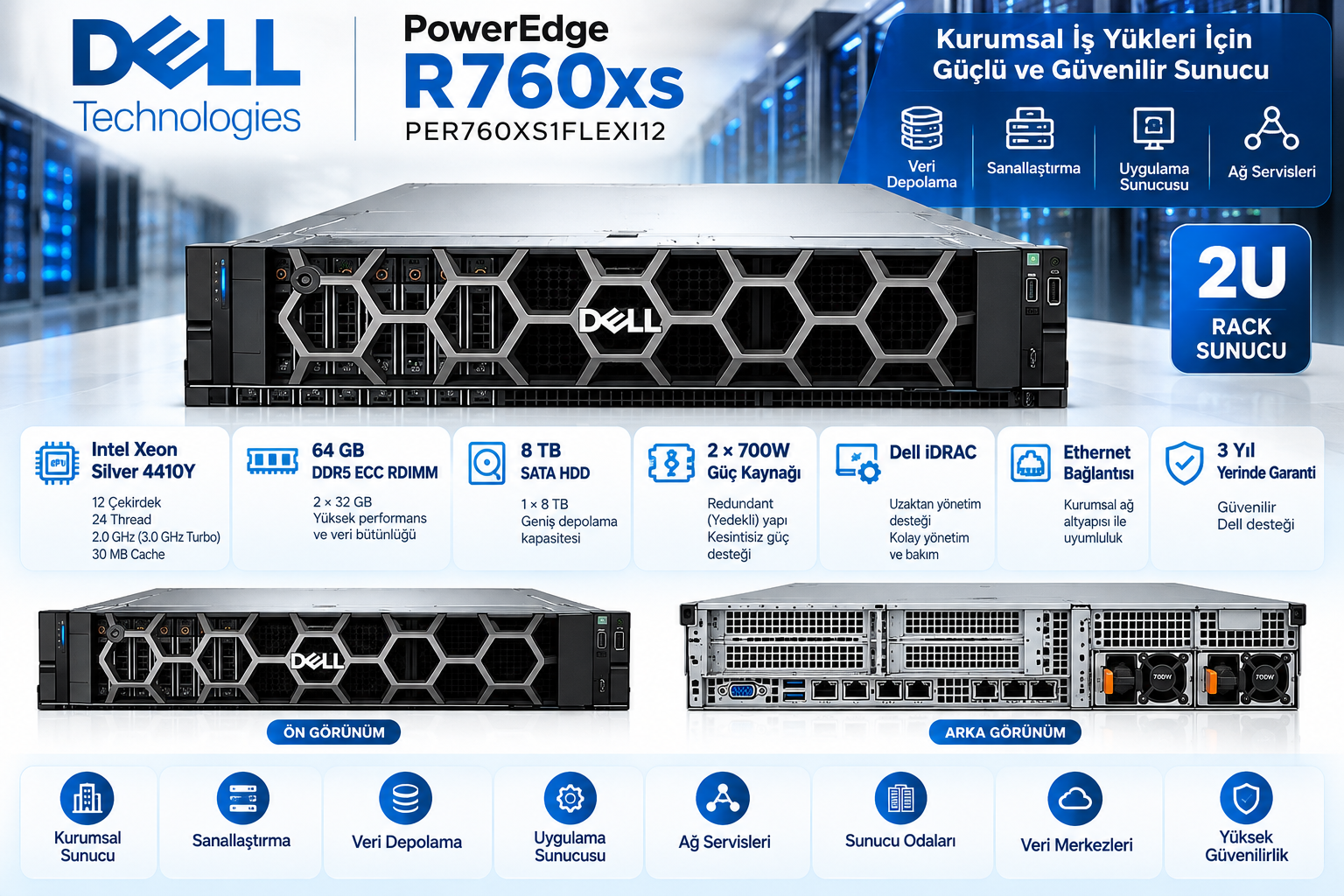 Dell PowerEdge R760xs PER760XS1FLEXI12 Xeon Silver 4410Y 64GB DDR5 8TB 2U rack server