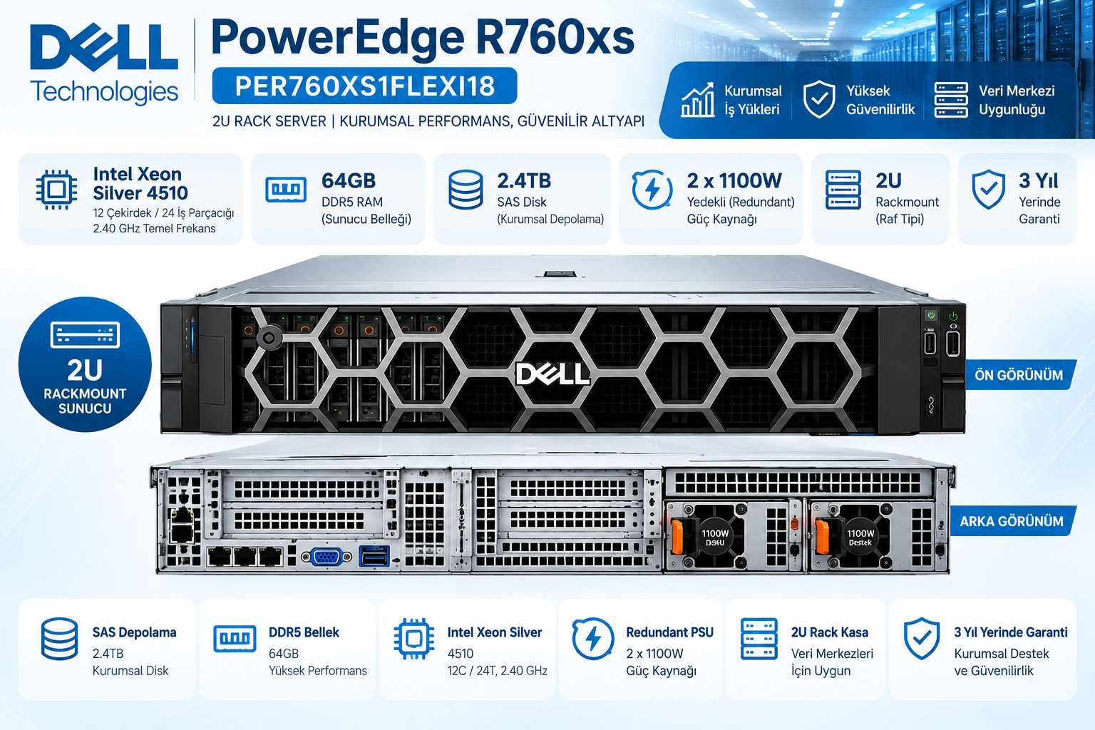 Dell PowerEdge R760xs PER760XS1FLEXI18 Xeon Silver 4510 64GB DDR5 2.4TB SAS 2U rack server