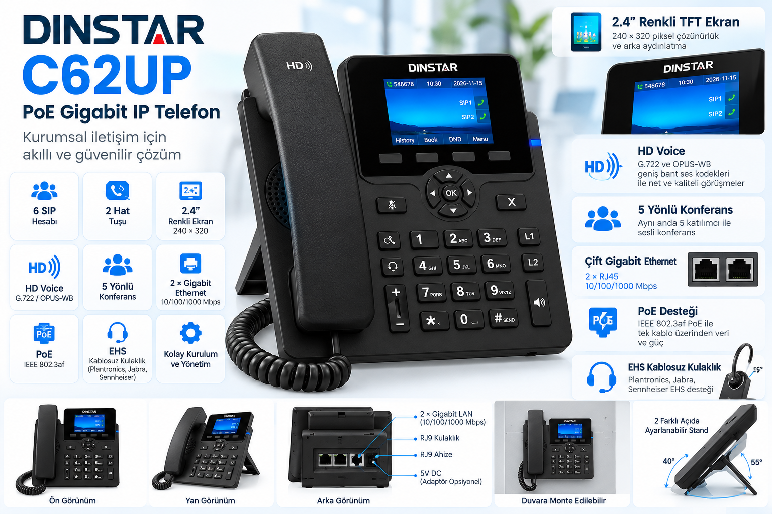 Dinstar C62UP 6 SIP PoE Gigabit 2.4 İnç Renkli Ekranlı IP Telefon
