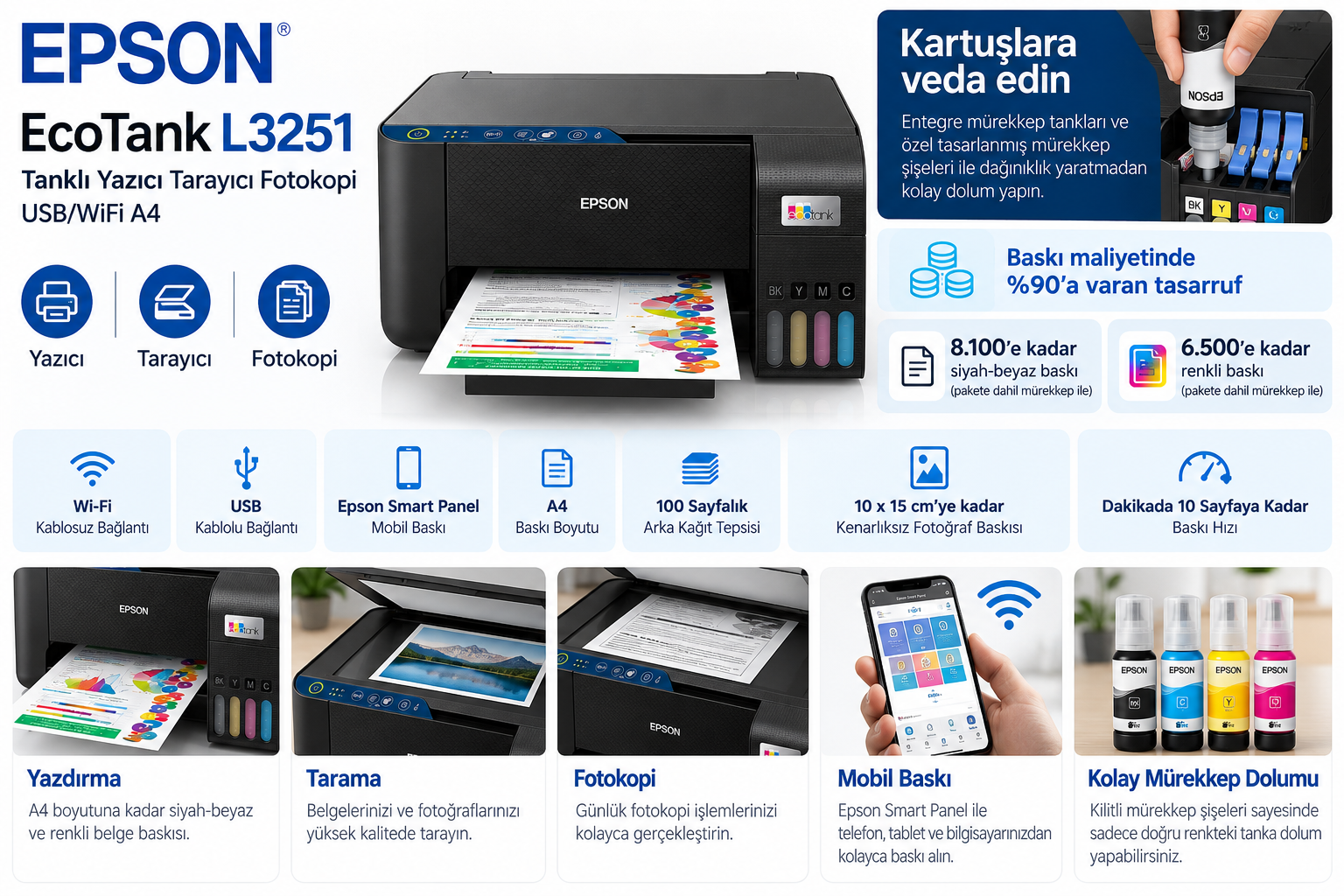 EPSON EcoTank L3251 tanklı WiFi renkli yazıcı tarayıcı fotokopi