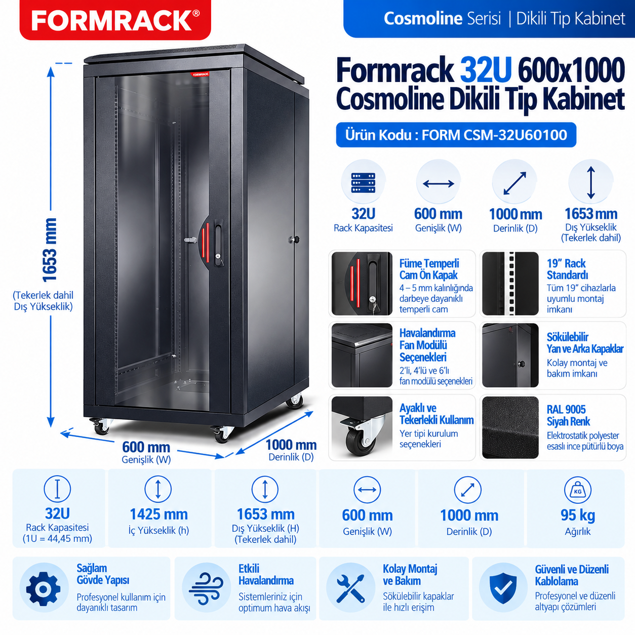 Formrack FORM CSM-32U60100 32U 600x1000 Cosmoline siyah dikili tip rack kabinet