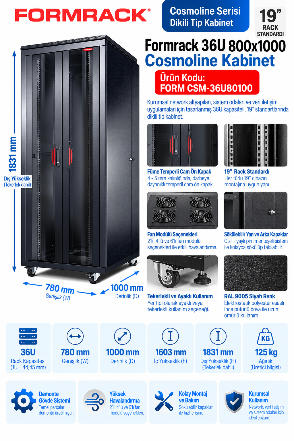 Formrack 36U 800x1000 Cosmoline dikili tip siyah rack kabinet, 780 mm genişlik, 1000 mm derinlik, füme temperli cam kapak