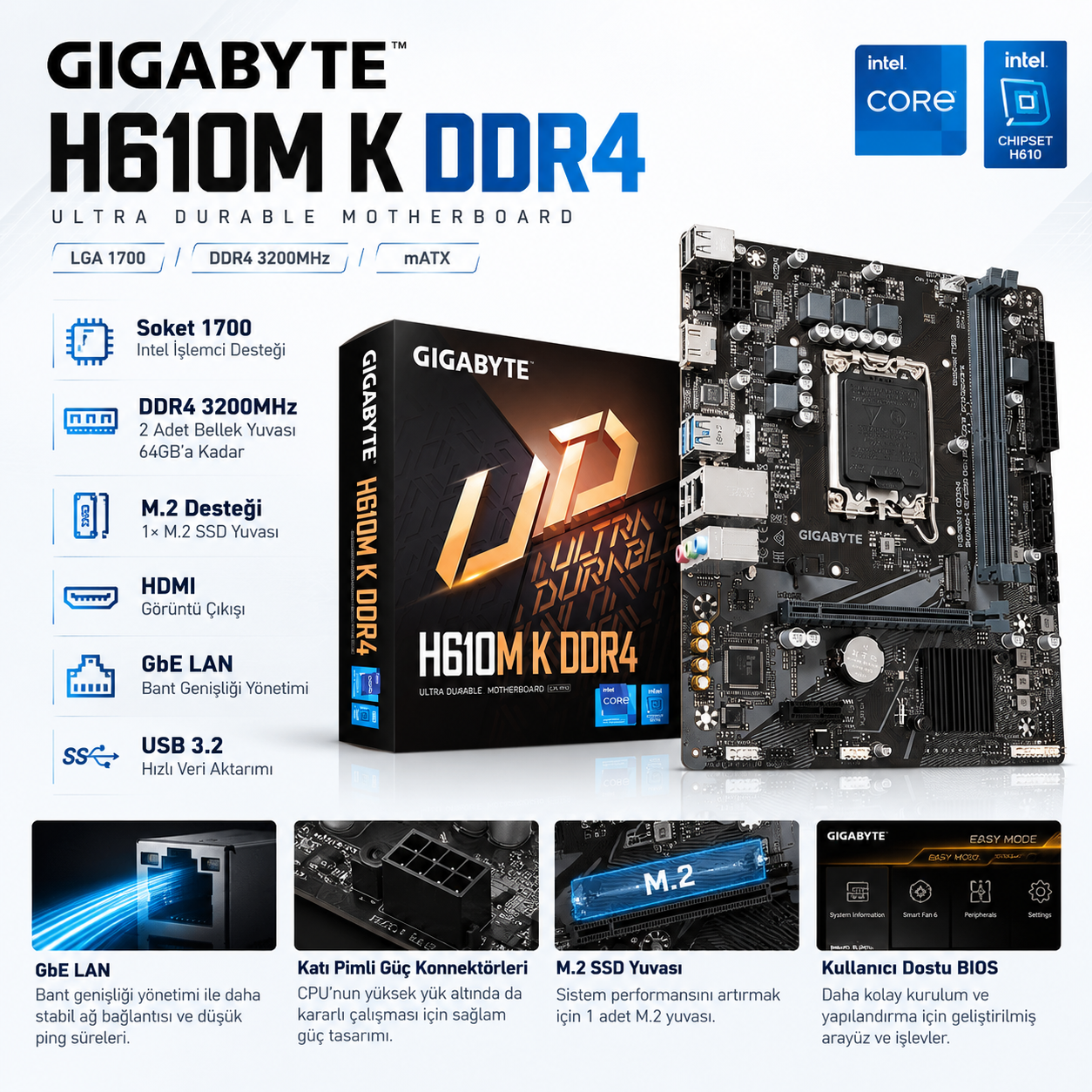 GIGABYTE H610M K DDR4 3200MHz LGA 1700 M.2 HDMI mATX Anakart