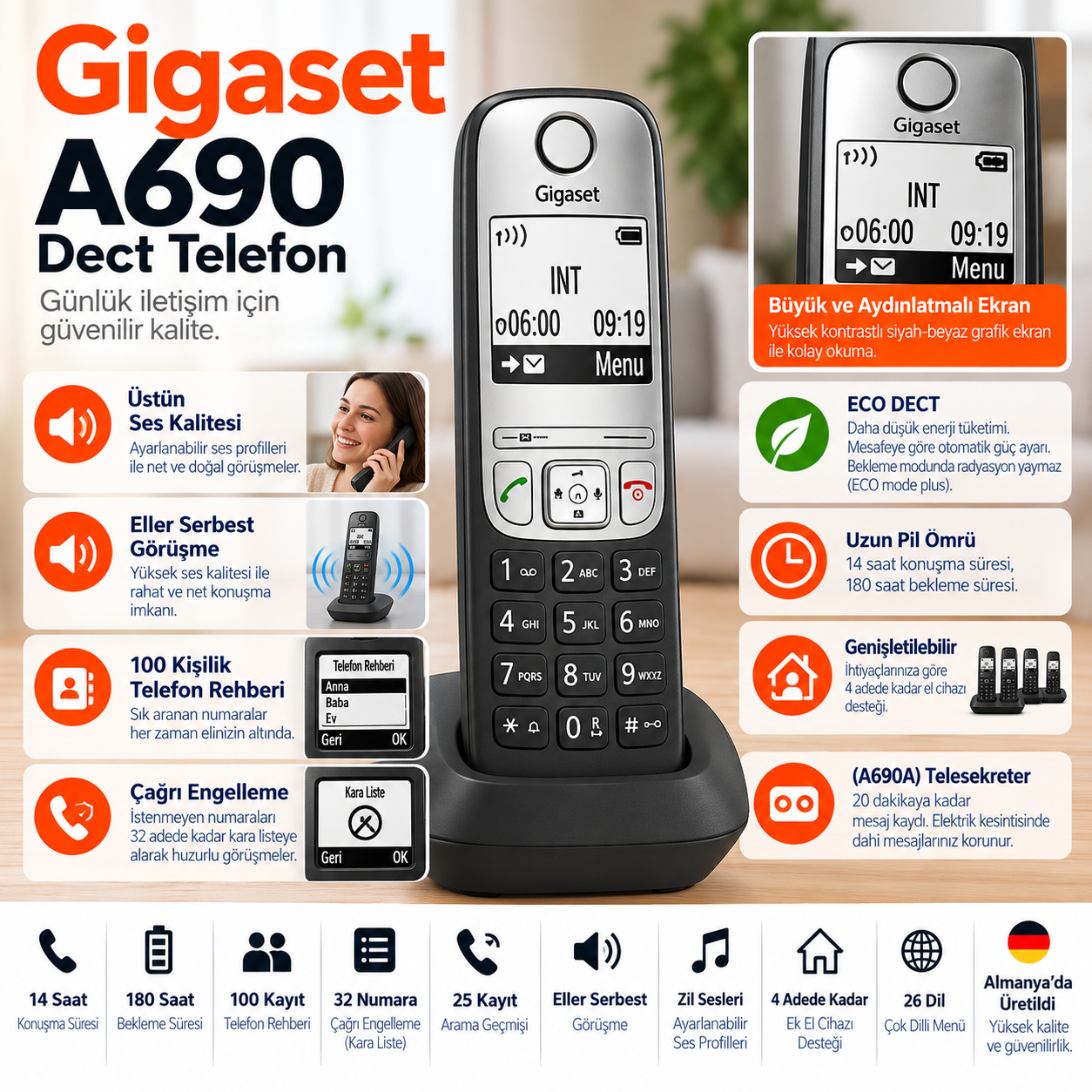 Gigaset A690 Siyah 32 numara engelleme özellikli DECT telefon