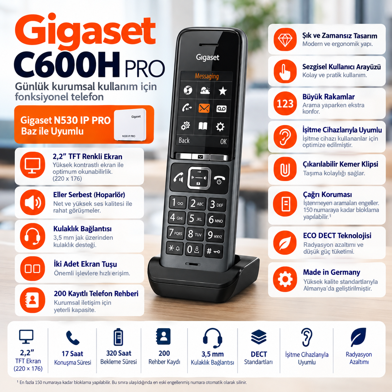 Gigaset C600H Pro N530 IP PRO uyumlu 2,2 inç renkli ekranlı DECT el cihazı