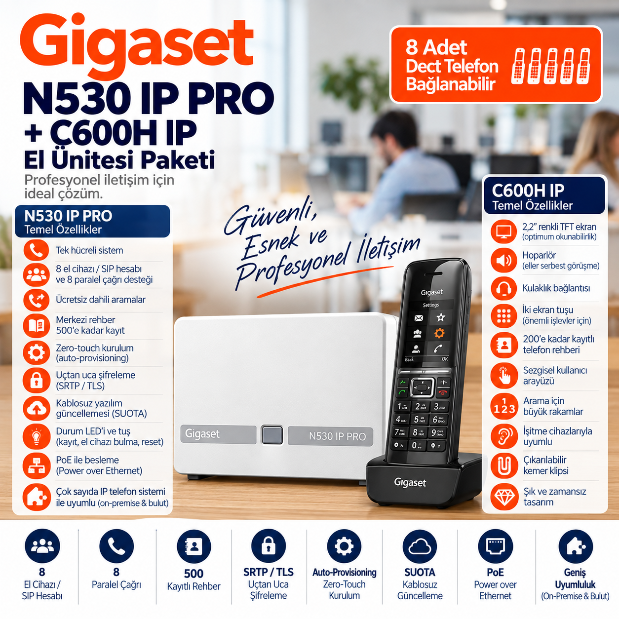 Gigaset N530 IP PRO baz istasyonu ve C600H DECT el cihazı paketi